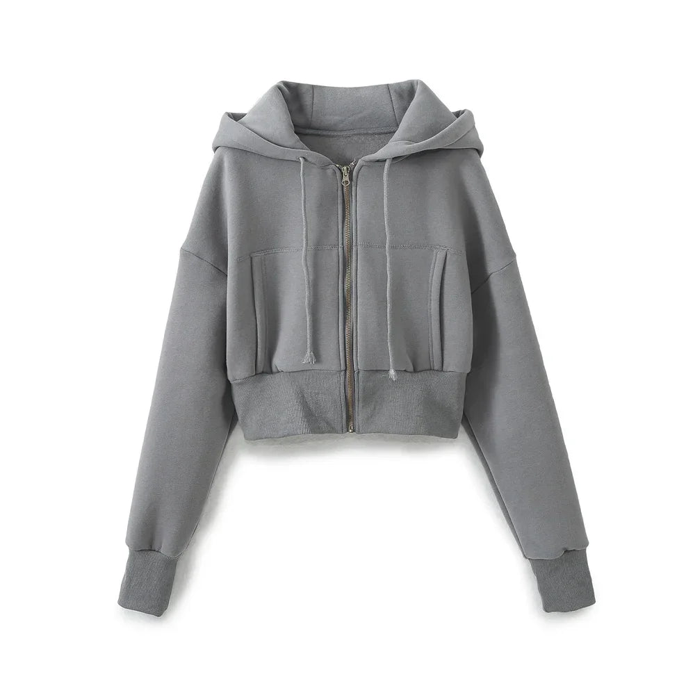 TRAF 2024 Spring Female Casual Hoodies Zipper Coats+Elastic Waist Baggy Pants 2 Pieces Set Elegant Loose Solid Pink Grey Pants - Evallys.com