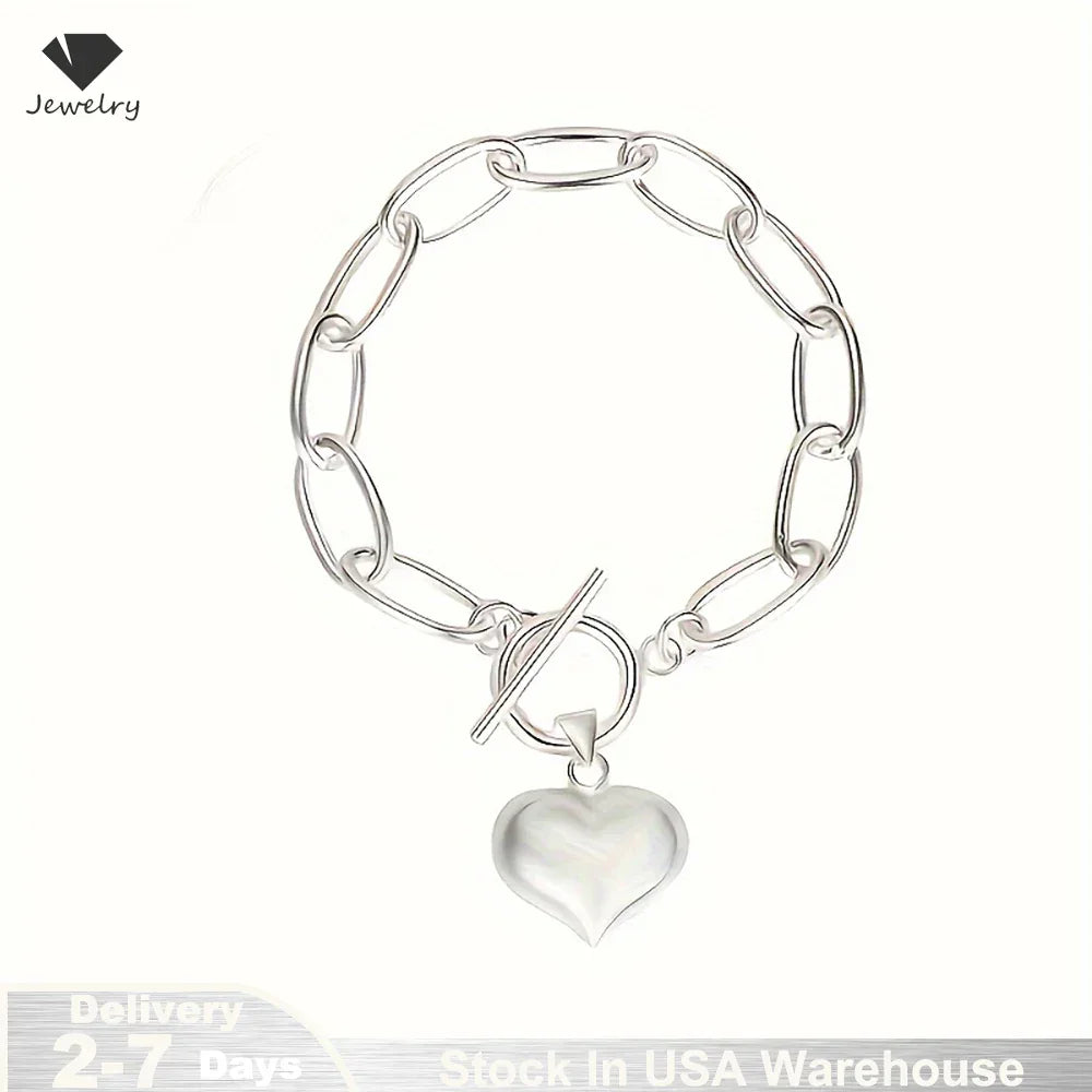 925 Sterling Silver Bracelets Fashion Cubic Peach Heart Pendant Chain Bracelet for Women Jewelry Anniversary Valentine's Day USA - Evallys.com