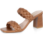 Elegant Women's Braided Heels Sandalias Fashion Strappy Square Sandals Open Toe Backless Mules Slip On Block Heeled Shoes - Evallys.com