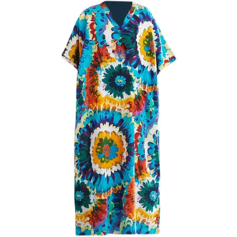 Boho Floral Maxi Dress – Cotton Linen V-Neck Summer Beach Wear - Evallys.com