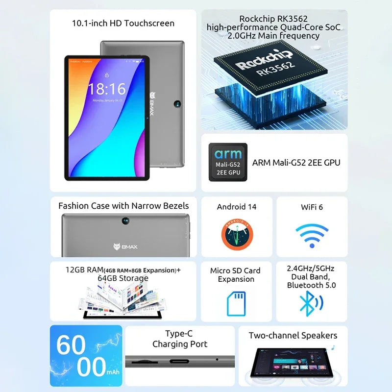 BMAX Android 14 MaxPad I9 PLUS 10.1 inch 1280*800 IPS HD Touchscreen 12GB(4GB RAM+8GB Expansion) 64GB ROM Rockchip RK3562 Tablet - Evallys.com