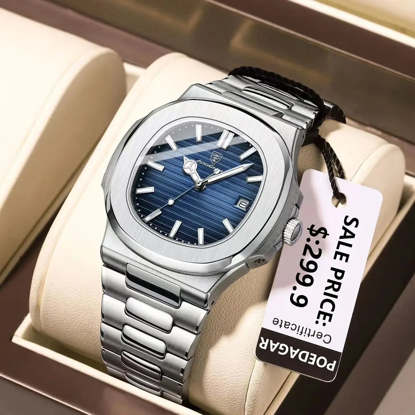 POEDAGAR Luxury Casual Watch Top Brand Fashion Square Dial Stainless Steel Calendar Luminous Waterproof Men Watch Male Clock+Box - Evallys.com