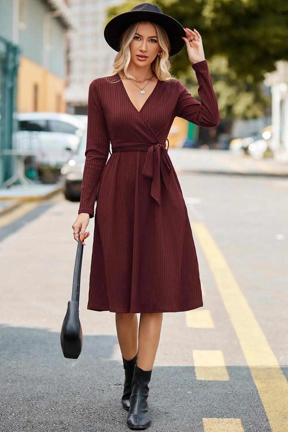 Newshows Womens 2024 Fall Sweater Dress Long Sleeve Business Casual Outfits V Neck Ribbed Knit Belt Trendy with Pockets Wine Red Large - Evallys.com # #