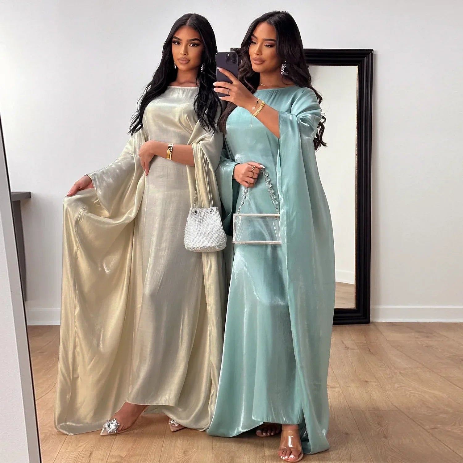 Eid Ramadan Batwing Butterfly Satin Abaya Dubai Luxury Muslim Kaftan Maxi Dress Women Kebaya Robe Caftan Marocain Femme Vestidos - Evallys.com