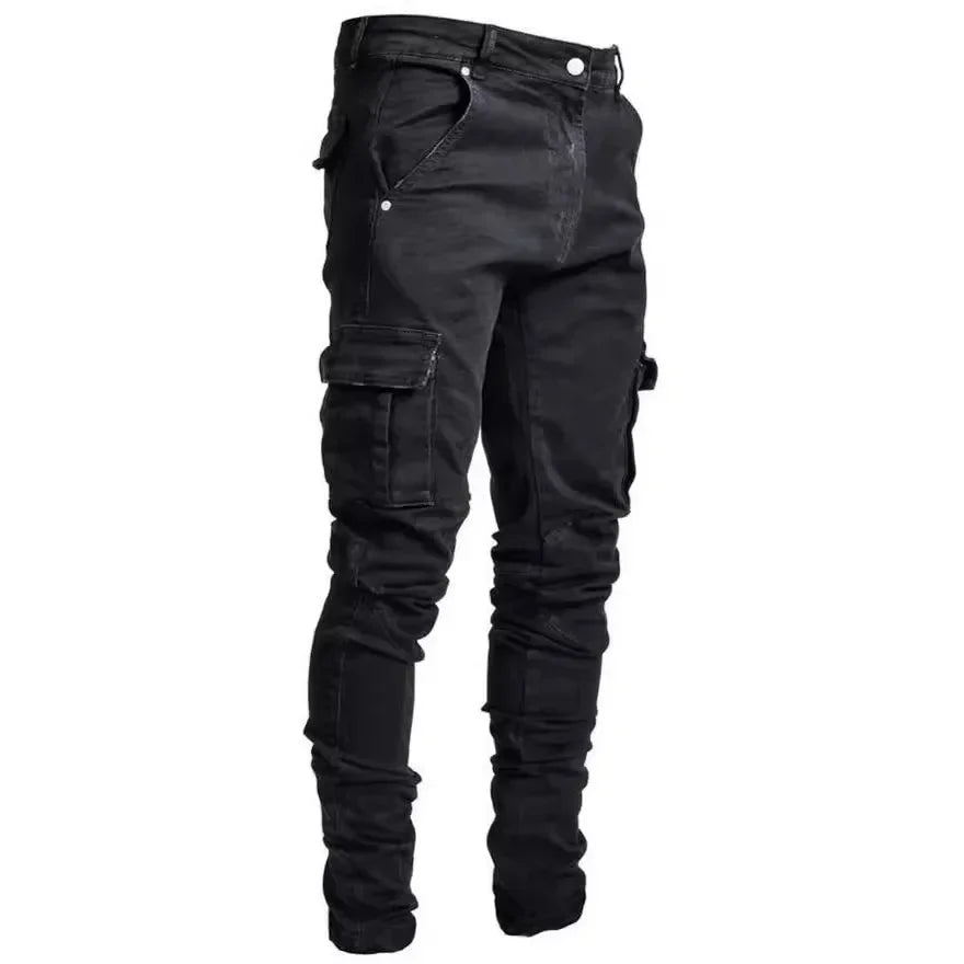 Men Street Elastic Denim Jeans Wash Solid Color Multi Pockets Cargo Pants Casual Slim Fit Daily Wear Joggers Mid Waist Trousers - Evallys.com