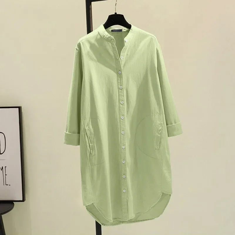 Elegant Cotton Linen Women’s Mid-Length Shirt – Casual Commuter Style - Evallys.com
