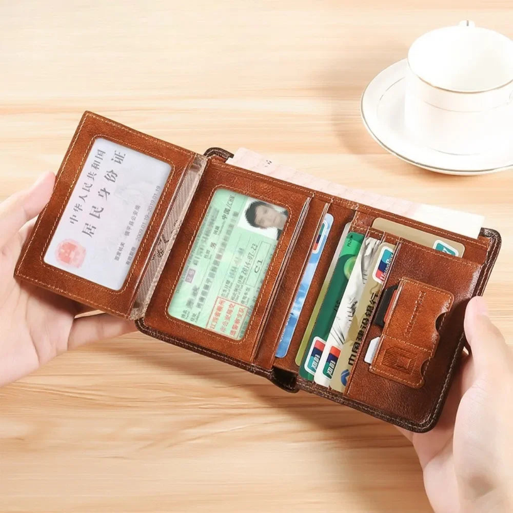 Men Wallet Genuine Leather Rfid Blocking Trifold Wallet Vintage Thin Short Multi Function ID Credit Card Holder Male Purse Money - Evallys.com