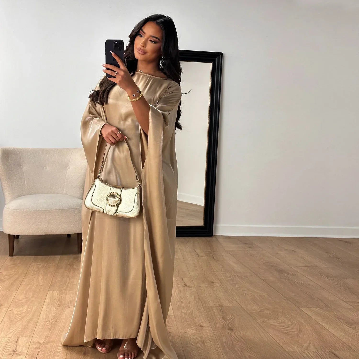Eid Ramadan Batwing Butterfly Satin Abaya Dubai Luxury Muslim Kaftan Maxi Dress Women Kebaya Robe Caftan Marocain Femme Vestidos - Evallys.com