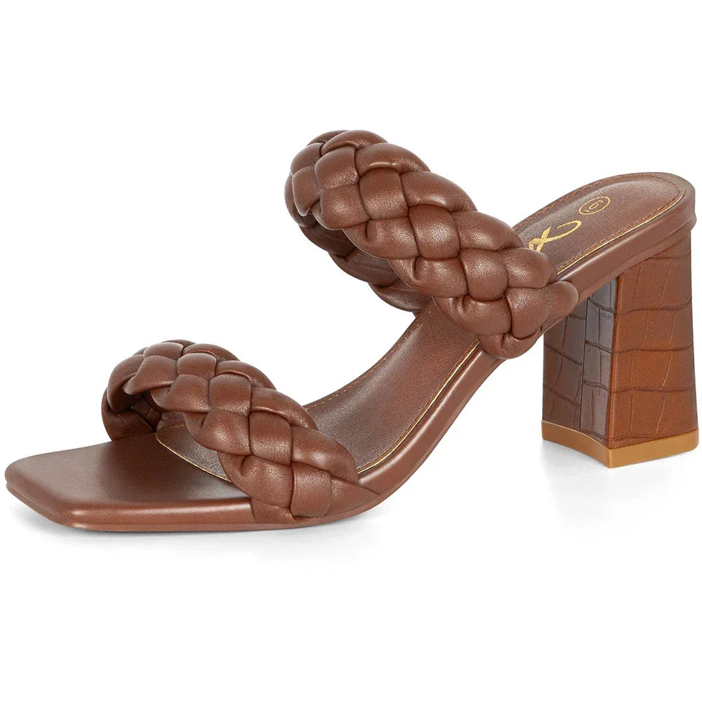 Elegant Women's Braided Heels Sandalias Fashion Strappy Square Sandals Open Toe Backless Mules Slip On Block Heeled Shoes - Evallys.com
