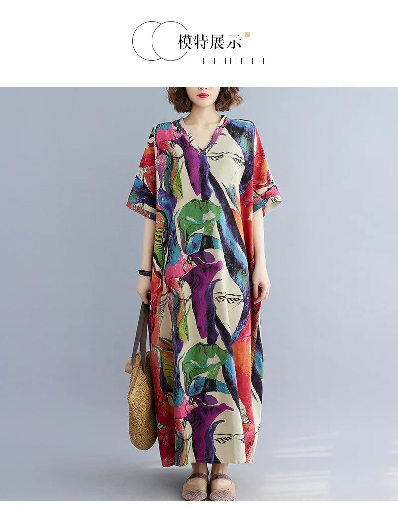 Boho Floral Maxi Dress – Cotton Linen V-Neck Summer Beach Wear - Evallys.com