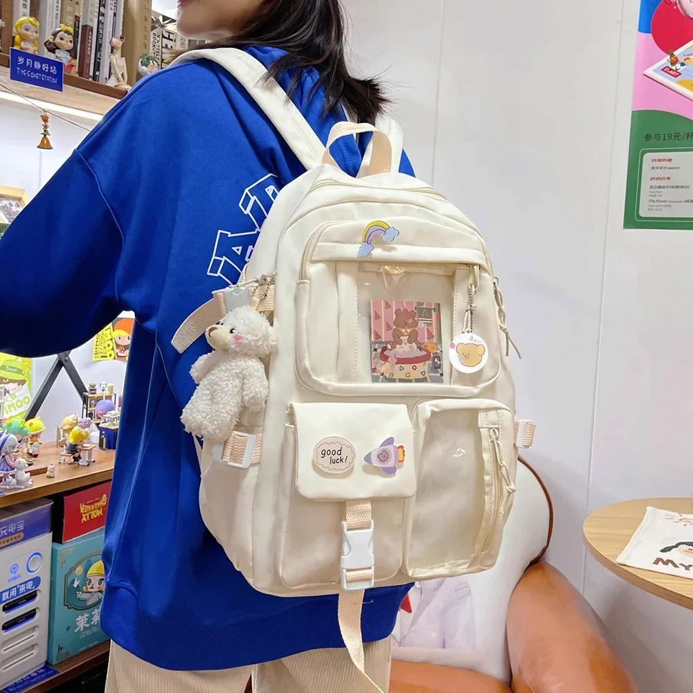Student Schoolbag Nylon College Student Rucksack with Plush Pendant Pin Cute Kawaii Large Capacity Japanese Style for Teen Girls - Evallys.com