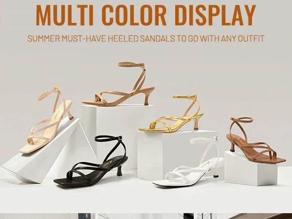 Women's Strappy Kitten Heels Square Toe Flip Flops Low Heels Ankle Strap Party Dress Thong Heeled Sandals - Evallys.com