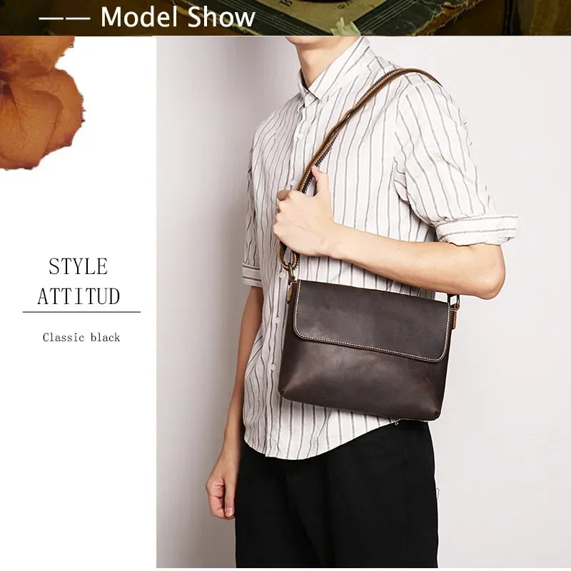 Crazy Horse Leather Men's Shoulder Bag Genuine Leather Small Bag Crossbody Cowhide Bag for Man High Quality Men Satchel Bags - Evallys.com