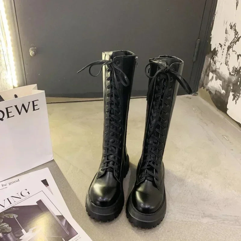 Women Motorcycle Boots Wedges Flat Shoes Woman High Heel Platform PU Leather Boots Lace Up Women Shoes Black Boots Girls2021 - Evallys.com