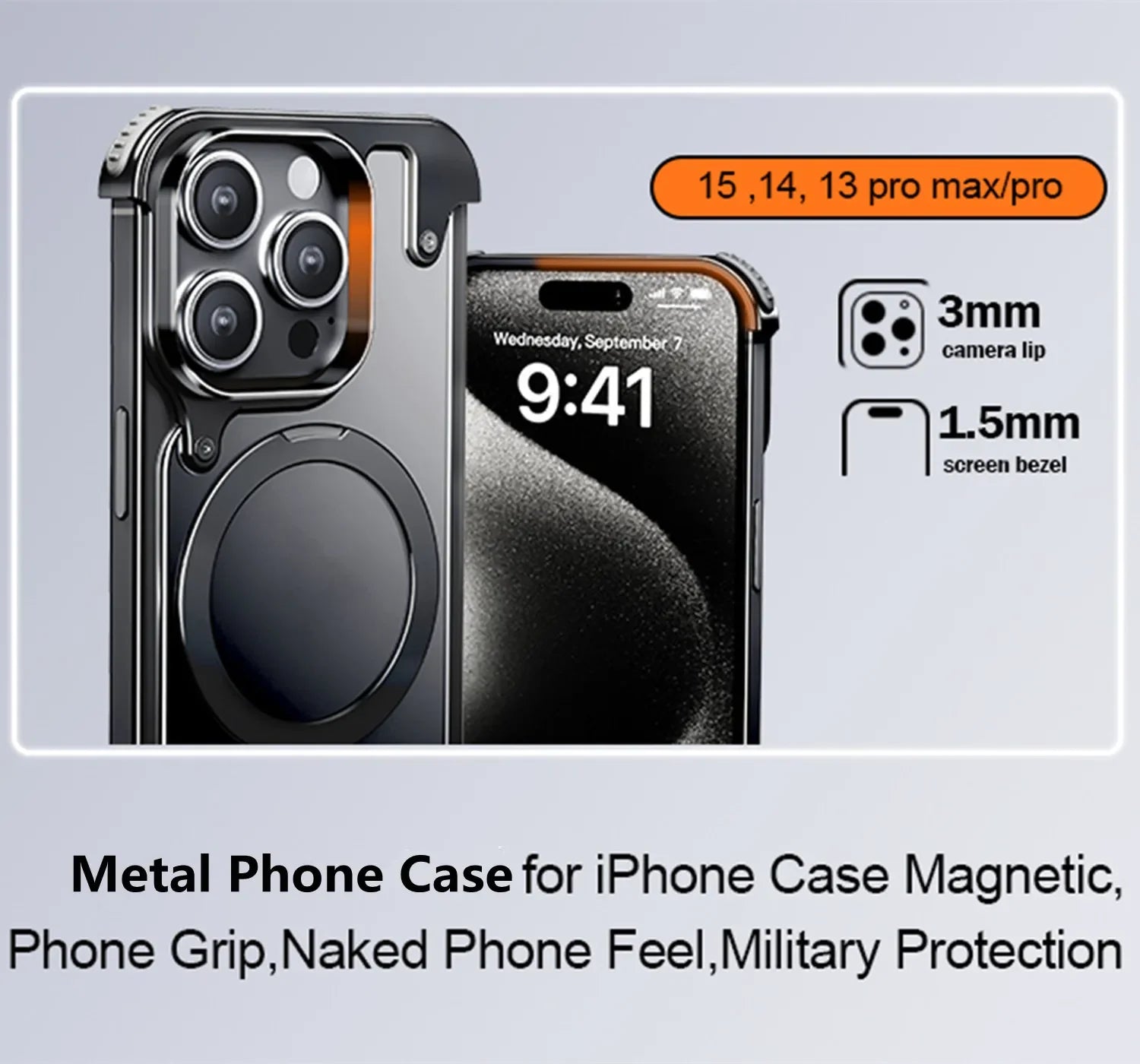 Frameless Aluminum Alloy Kickstand Metal Phone Case for iPhone 13 14 15 16 Pro Max Magsafe Magnetic Ring Stand Shockproof Shell - Evallys.com