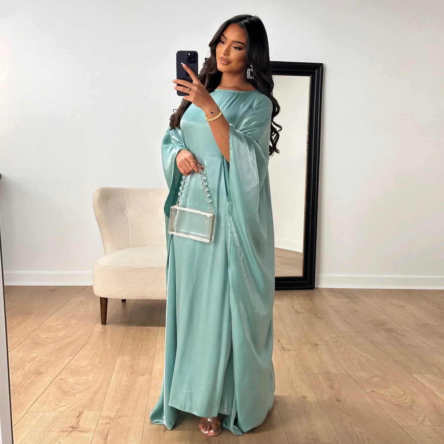 Eid Ramadan Batwing Butterfly Satin Abaya Dubai Luxury Muslim Kaftan Maxi Dress Women Kebaya Robe Caftan Marocain Femme Vestidos - Evallys.com