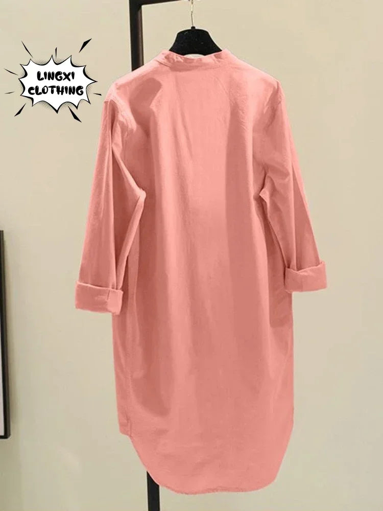 Elegant Cotton Linen Women’s Mid-Length Shirt – Casual Commuter Style - Evallys.com