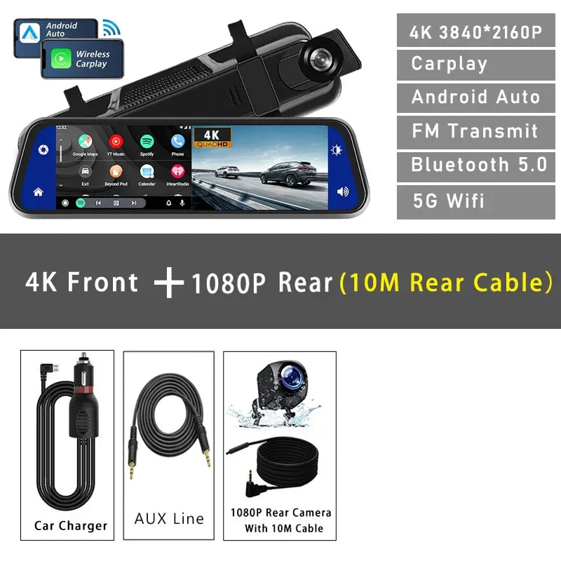 10" Dash Cam 4K 3840*2160P Car Dvr Carplay Android Auto GPS 5G WIFI AUX Stream RearView Mirror Dashcam Camera Drive Recorder FM - Evallys.com