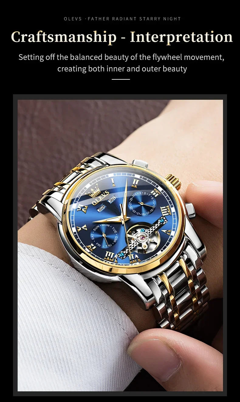 OLEVS Men's Watches Automatic Mechanical Business Wristwatch Waterproof Stainless Steel Strap Watch for Man Skeleton Calendar - Evallys.com