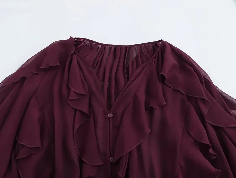 MUJER Ruffle Blouse – Semi Sheer Chiffon Fairy Shirt for Women 2025 - Evallys.com