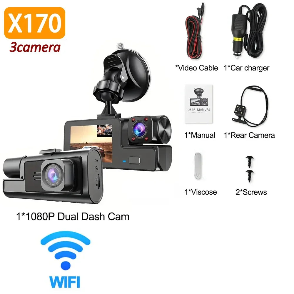 3Camera Dash Cam For Car Camera 1080P Video Recorder WIFI Car DVR Front Rear View Camera Night Vision Black Box Car Accessories - Evallys.com