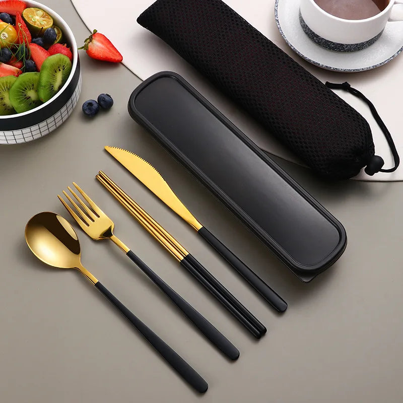 Portable Cutlery Set for Camping & Travel 4pcs Stainless Steel Knife, Fork, Spoon Kit with Storage Box