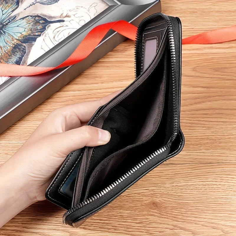 1pc faux Leather Wallet for Men - Premium Retro Letter Embossed Design, Multiple Credit Card Slots, Zipper Closure, Stylish Gift - Evallys.com