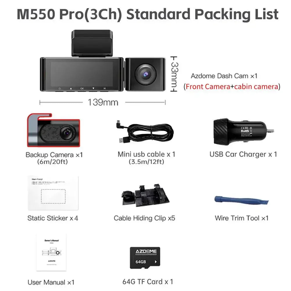 Upgrade AZDOME M550 Pro Car DVR Dash Cam 4K 5.8Ghz WiFi 2/3 Cameras Front/Cabin/Rear Cam GPS Night Vision Parking Monitor داش كا - Evallys.com