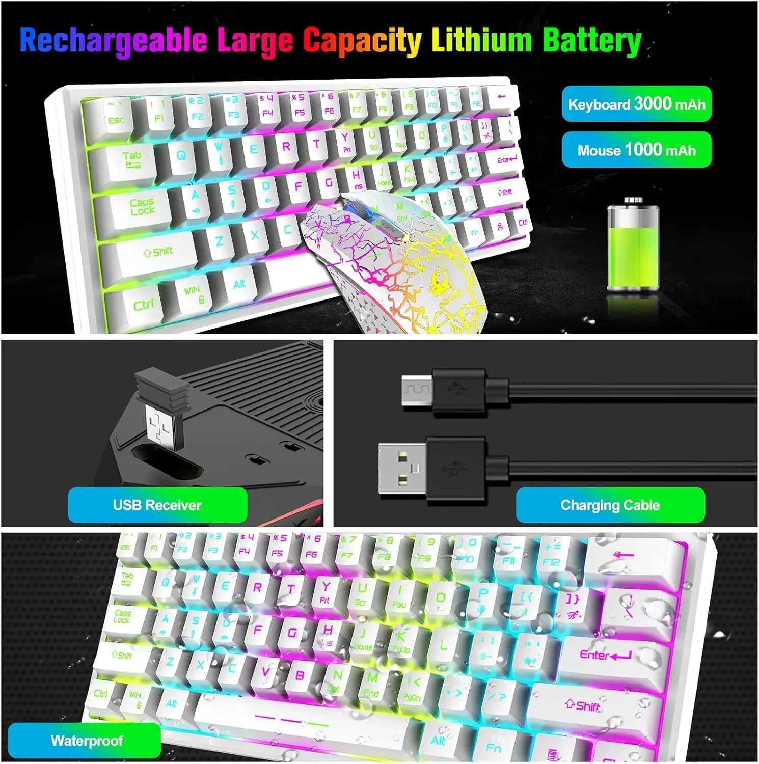 T61 Wireless Gaming Keyboard and Mouse Combo, Ergonomic 61 Key Rainbow LED Backlight Rechargeable 4000mAh Battery Mouse Pad - Evallys.com