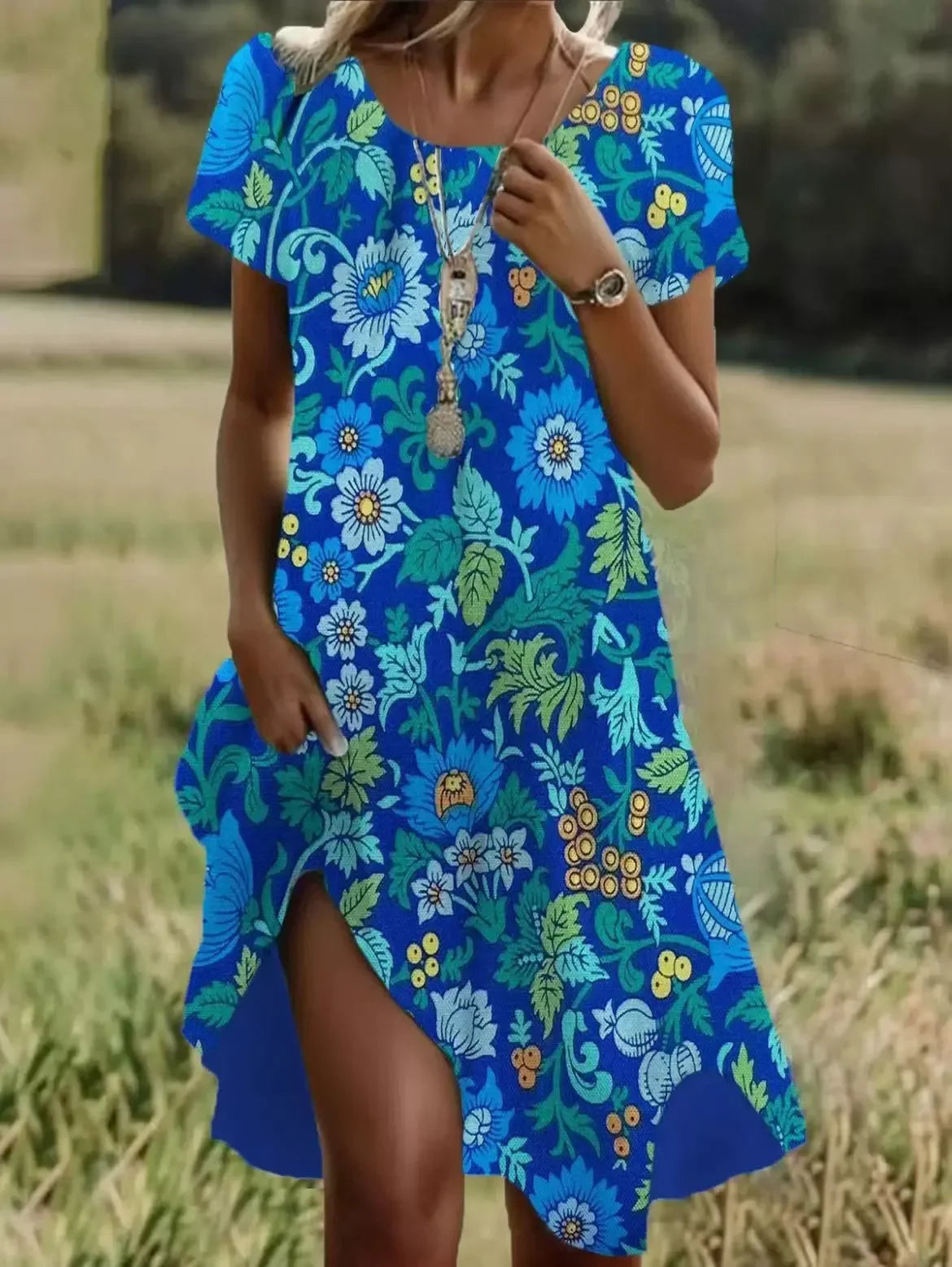 Ethnic Print O-Neck Midi Dress – Summer Casual Beach Vacation Wear - Evallys.com