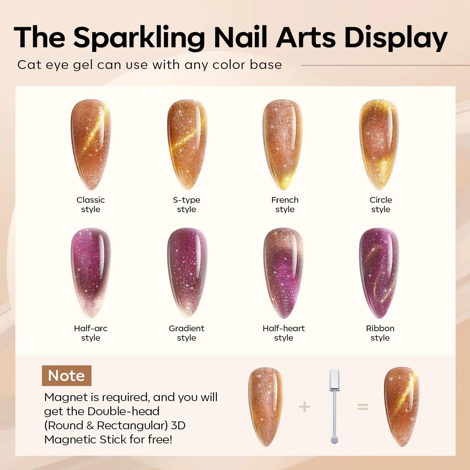 modelones Cat Eye Gel Nail Polish Set 6 Colors, Glitter Nude Shiny Champagne Burgundy Gold Magnetic Effect Sparkle Stunning Home Nail Art Gel Kit Gift A- Cosmo Party - Evallys.com # #