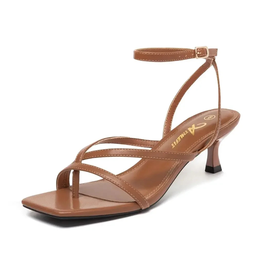 Women's Strappy Kitten Heels Square Toe Flip Flops Low Heels Ankle Strap Party Dress Thong Heeled Sandals - Evallys.com