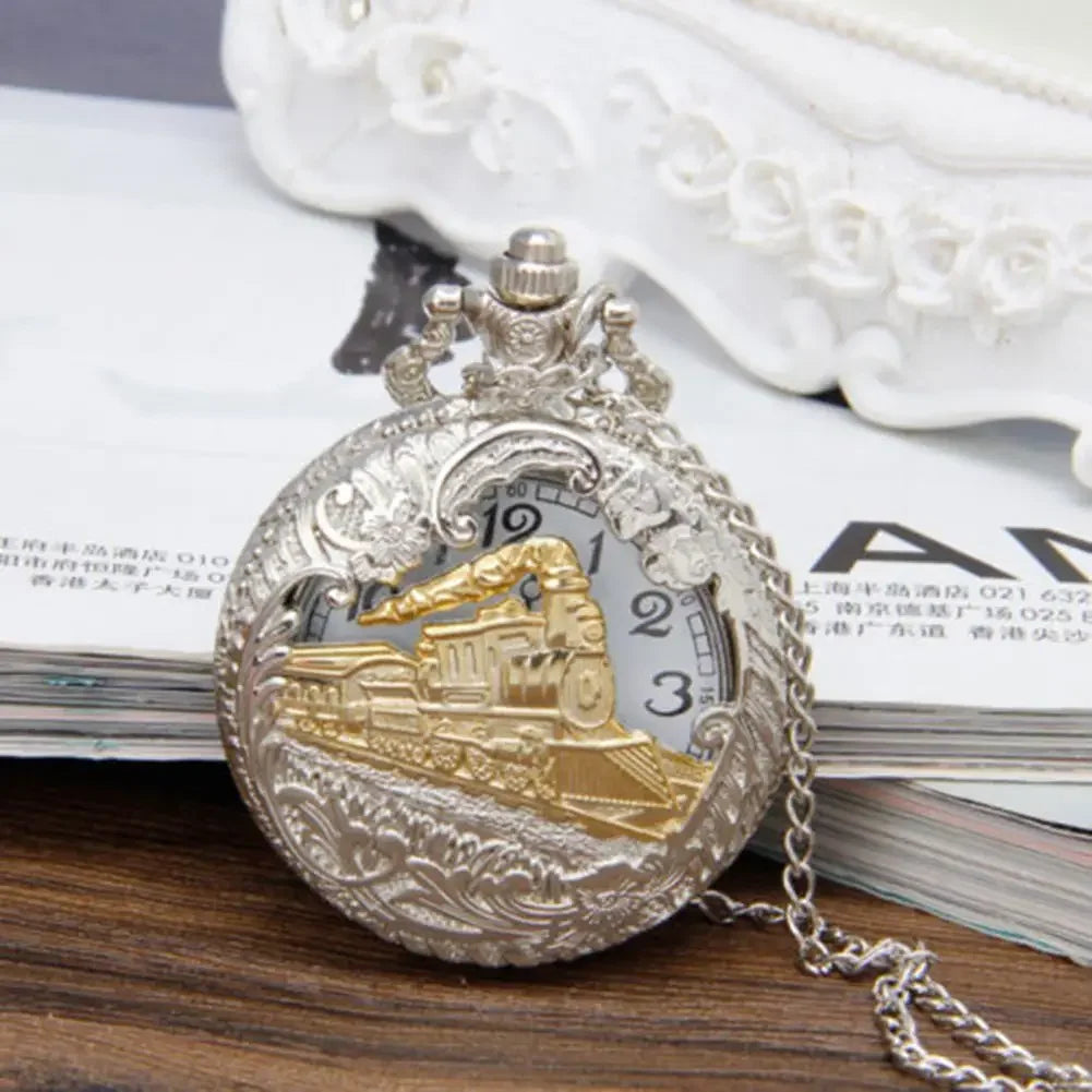 2025 New Locomotive Pattern Hollow Cover Design Pocket Watch Necklace Pendant Chain Unisex Gift Alloy Quartz Pocket Watch - Evallys.com