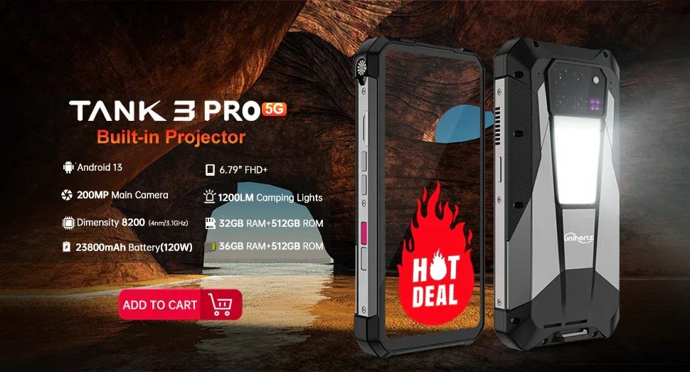 Unihertz Tank 3 Pro 8849 Projector Smartphone Android 14 5G Phone, 32GB 512GB, 200MP Camera, Dimensity 8200, IP68, Bluetooth 5.3 - Evallys.com