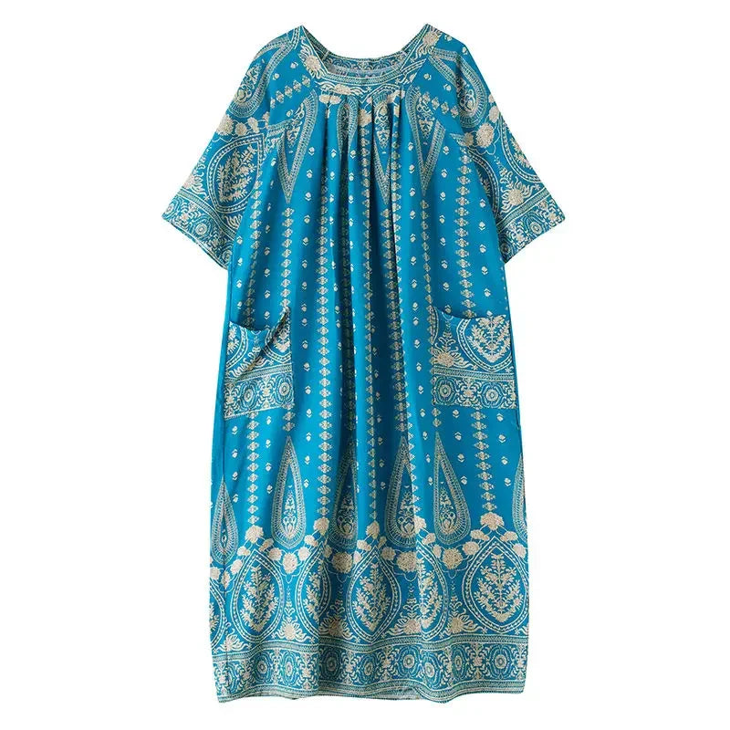 Summer Ethnic Print Dress with Pockets – Loose Mid-Calf Casual Wear - Evallys.com