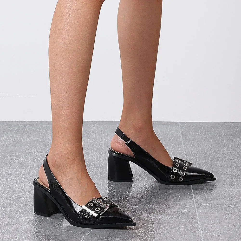 Women's Slingback Heels Block Chunky Heel Comfortable Pointed Toe Pumps Wide Metal Buckle Strap Office Party Dress Shoes Woman - Evallys.com
