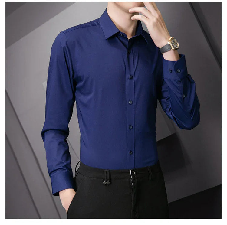 New Plus Size Men Solid Color Business Shirt Fashion Classic Basic Casual Slim White Long Sleeve Shirt Brand Clothes - Evallys.com
