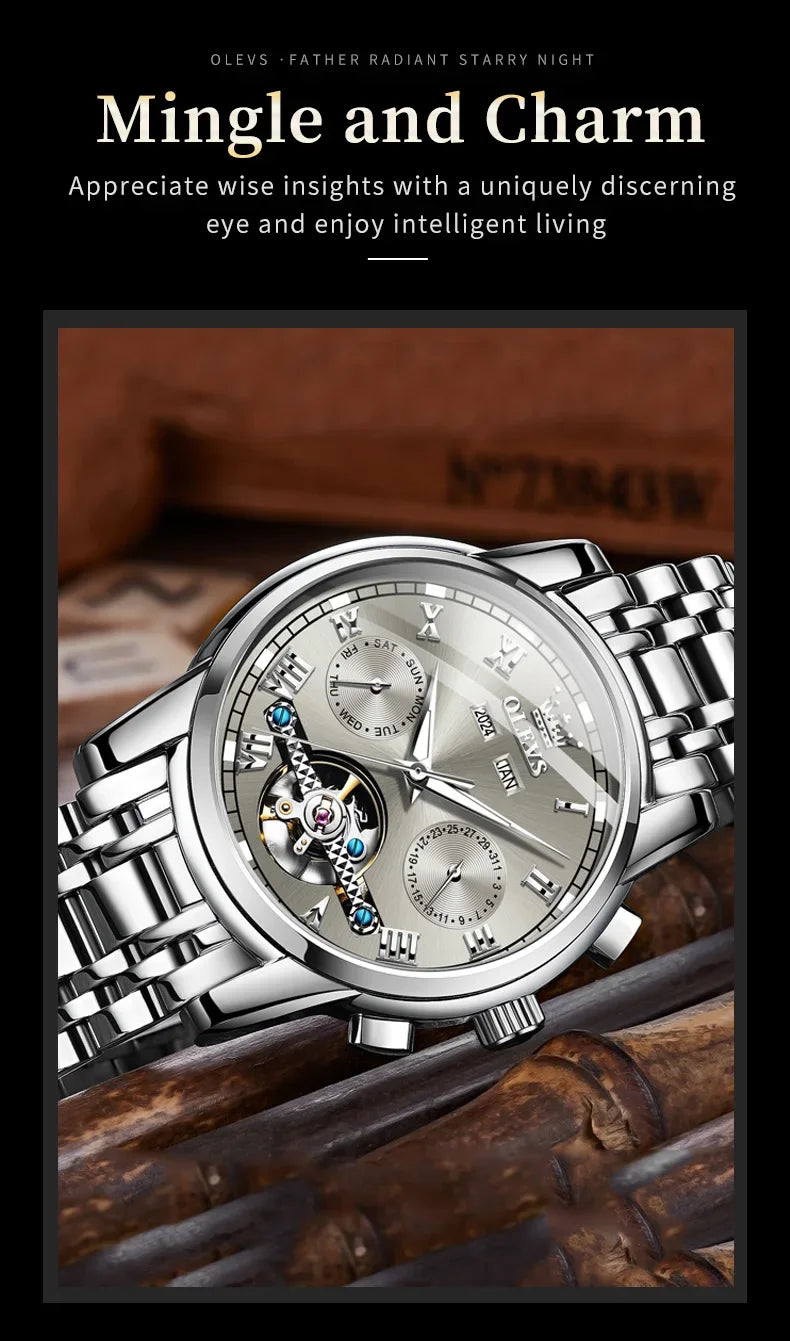 OLEVS Men's Watches Automatic Mechanical Business Wristwatch Waterproof Stainless Steel Strap Watch for Man Skeleton Calendar - Evallys.com
