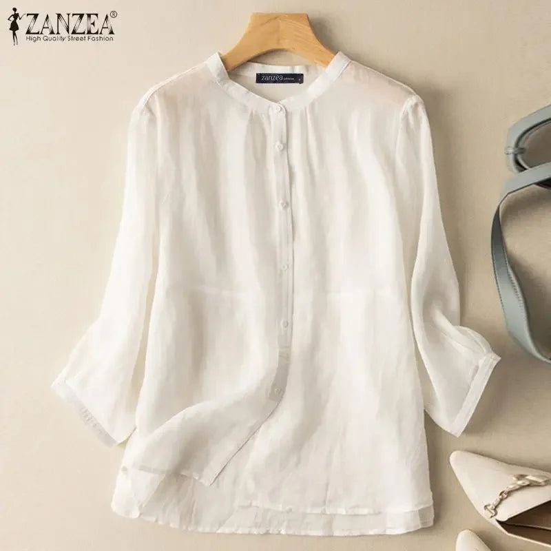 ZANZEA 2025 Spring Summer Blouses Casual Women Shirts Solid Color 3/4 Sleeve Buttons Cotton Linen Blusas Solid Top Casual Tunic - Evallys.com
