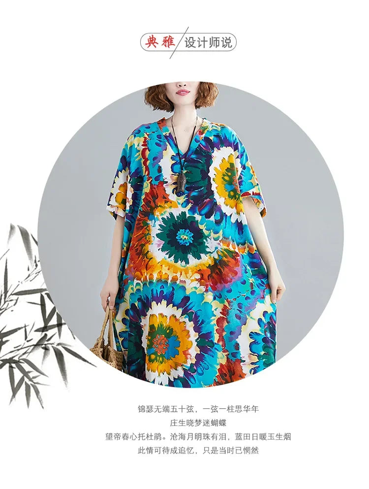 Boho Floral Maxi Dress – Cotton Linen V-Neck Summer Beach Wear - Evallys.com