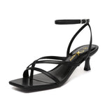 Women's Strappy Kitten Heels Square Toe Flip Flops Low Heels Ankle Strap Party Dress Thong Heeled Sandals - Evallys.com