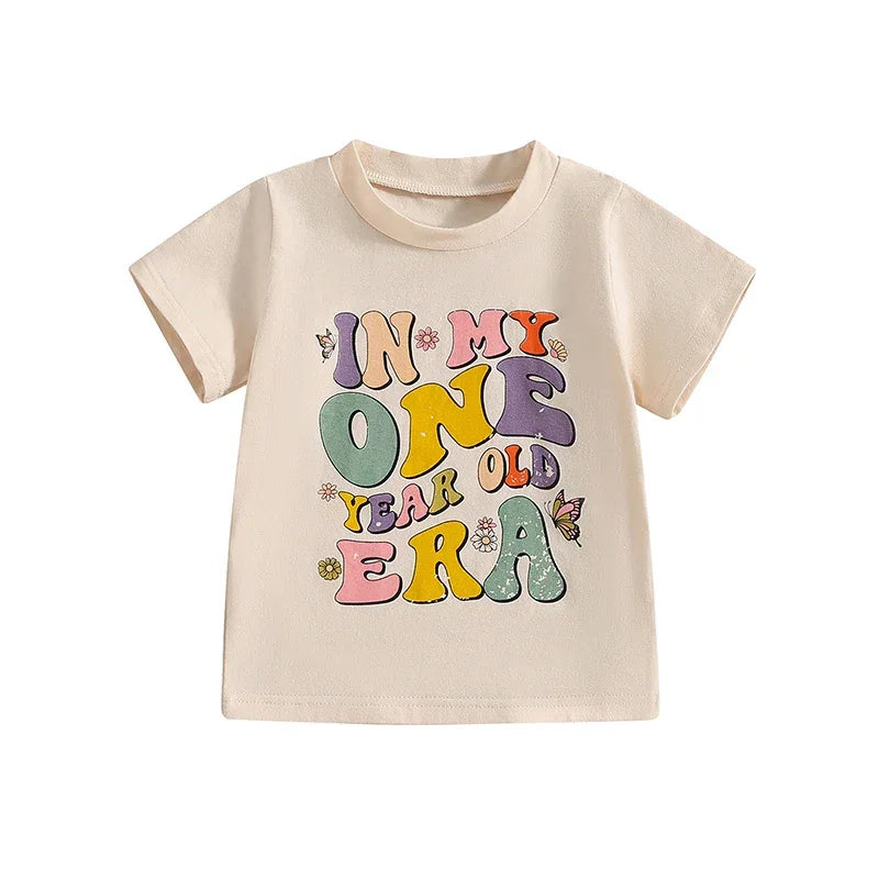 2024-04-05 Lioraitiin Summer Kids Girls Birthday T-Shirts Letter Print O-Neck Short Sleeve Birthday Shirts Casual Toddler Tops - Evallys.com