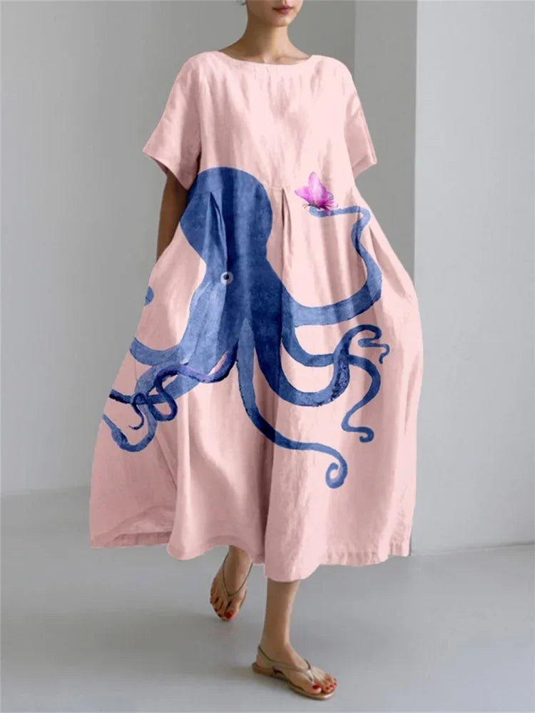 Elegant 3D Printed Women’s Ankle-Length Crewneck Casual Dress - Evallys.com