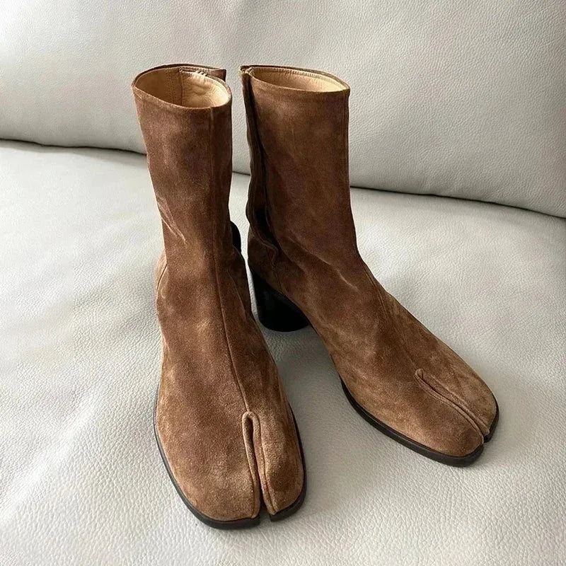 2024 Autumn Winter Soft Leather Split toe Tabi Women Ankle Boots Fashion Thick High heels Chunky Shoes Ins Style Short Booties - Evallys.com