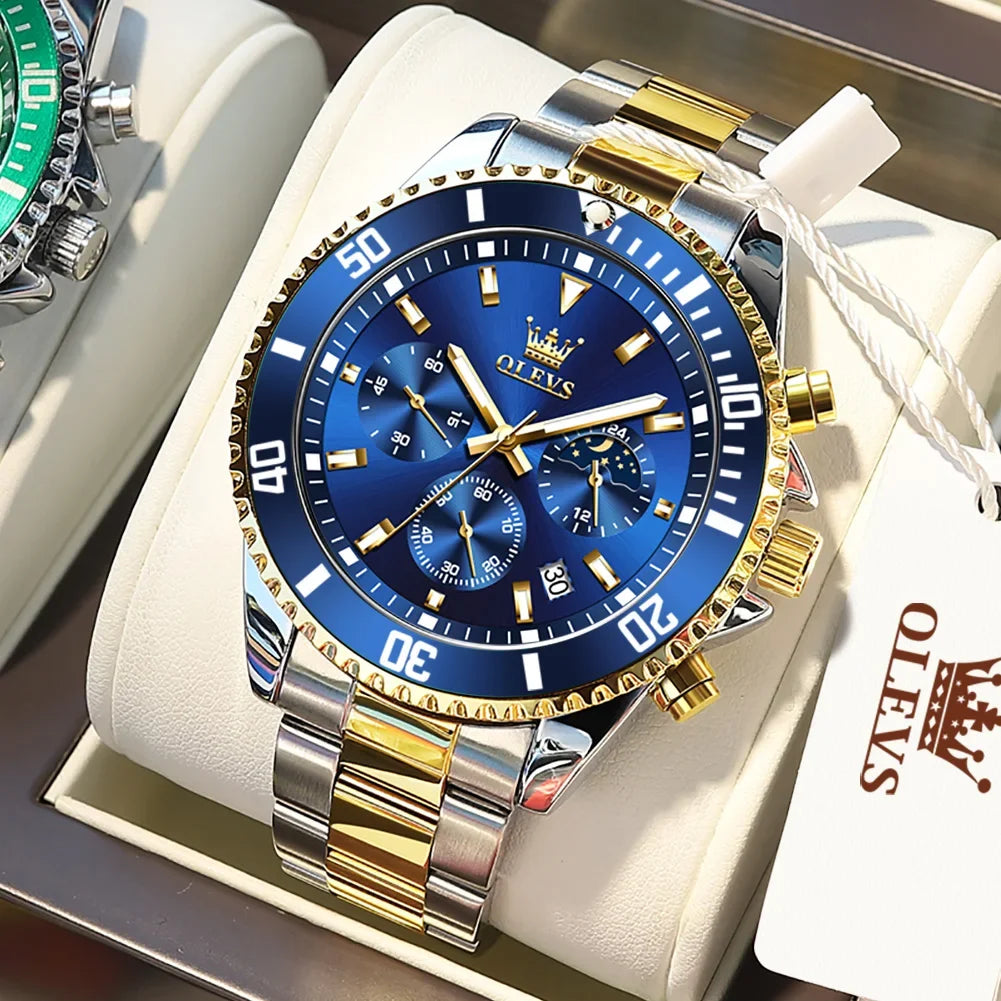 OLEVS Men's Watches Top Brand Luxury Watch for Men Original Waterproof Stainless Steel Chronograph Moon Phase Date Rota Dial - Evallys.com