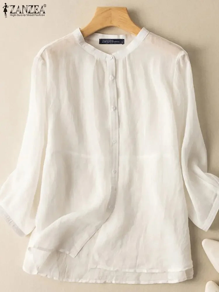 ZANZEA 2025 Spring Summer Blouses Casual Women Shirts Solid Color 3/4 Sleeve Buttons Cotton Linen Blusas Solid Top Casual Tunic - Evallys.com
