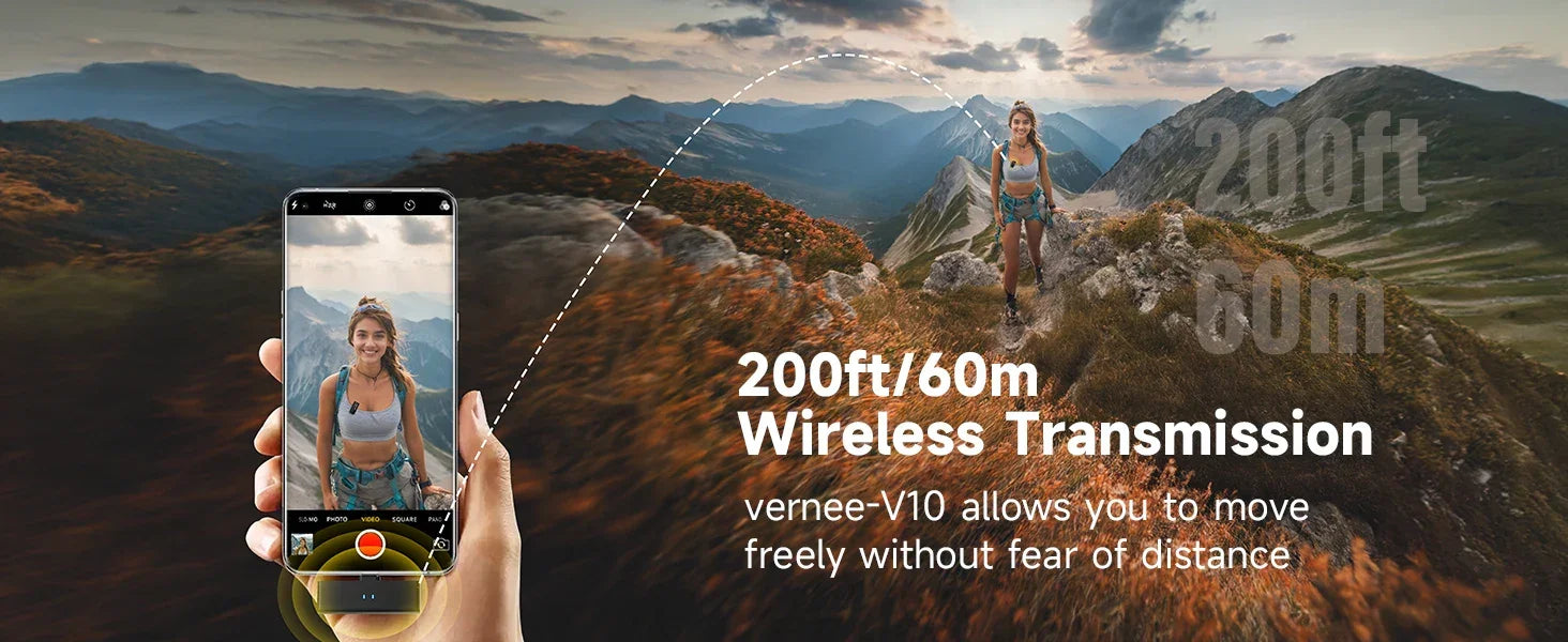 vernee V10 Wireless Lavalier Microphone 60M Noise Cancellation Vlog Short Video Recording Mini Mic for iPhone/Android - Evallys.com