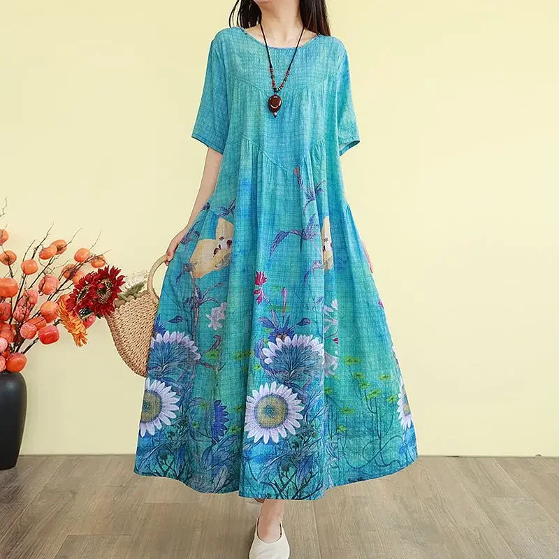 Retro Cotton Linen Dress – Summer Print Loose Long Maxi Dress - Evallys.com