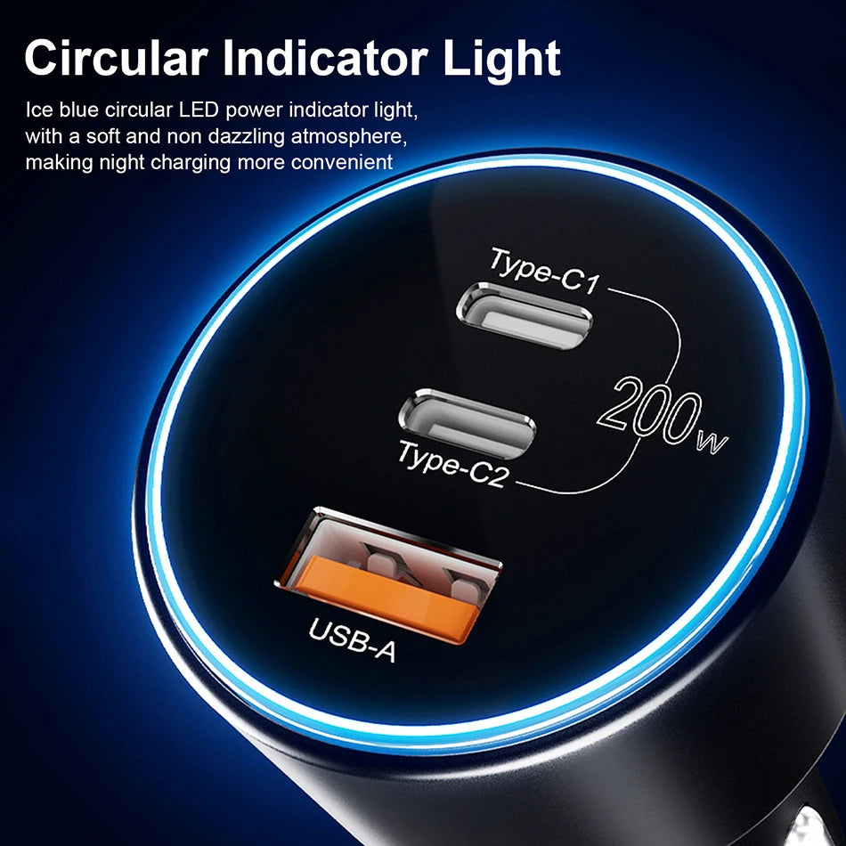 UHOMEBUY 200W Car Charger USB Type C Fast Charger 100W 65W 45W 20W PPS PD QC3.0 Quick Charger for Laptop iPhone 15 Samsung S23