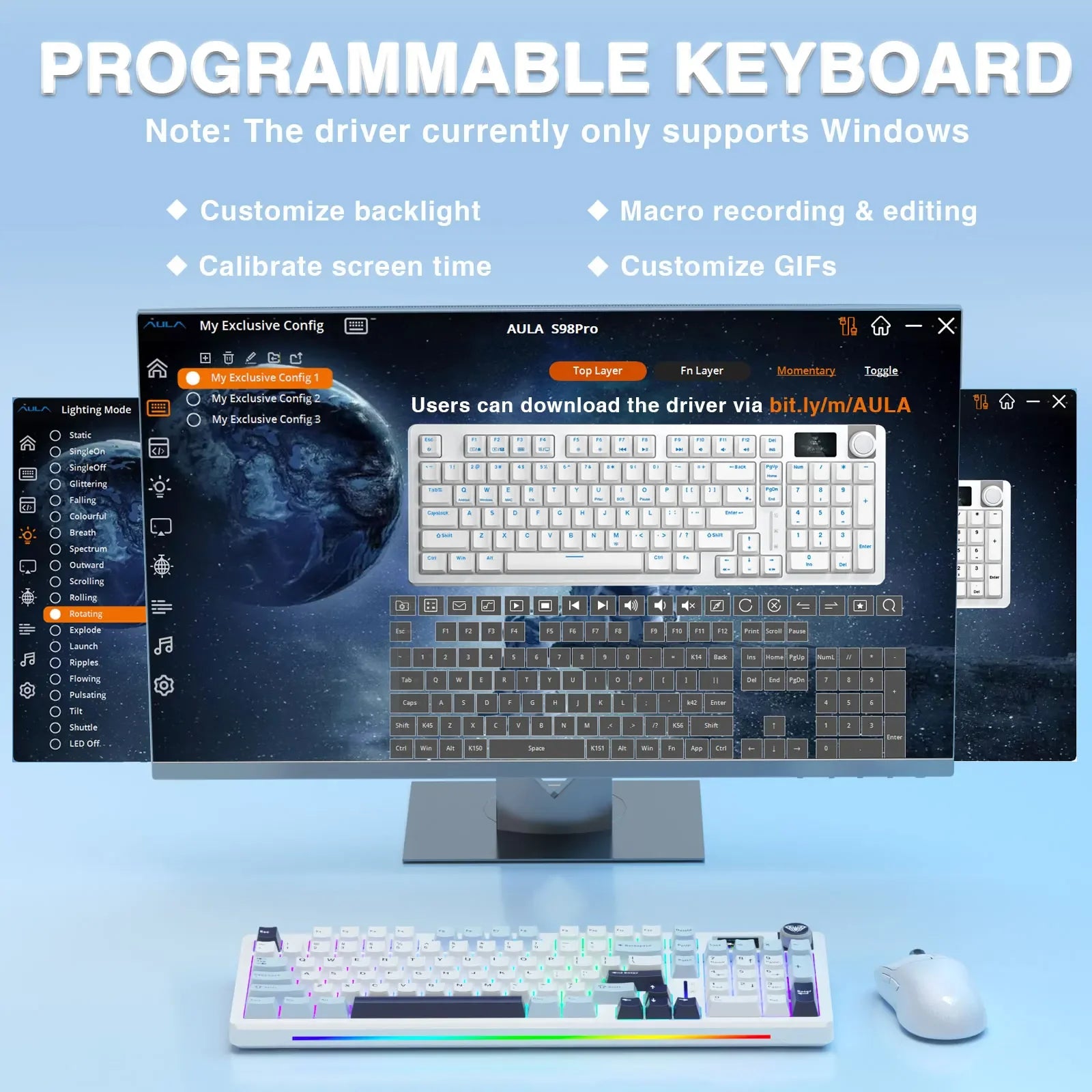 AULA S98pro Wireless Mechanical Keyboard Gasket Hot-swap Gaming Keyboard with Mini TFT Color Screen and Multi-function Knob - Evallys.com